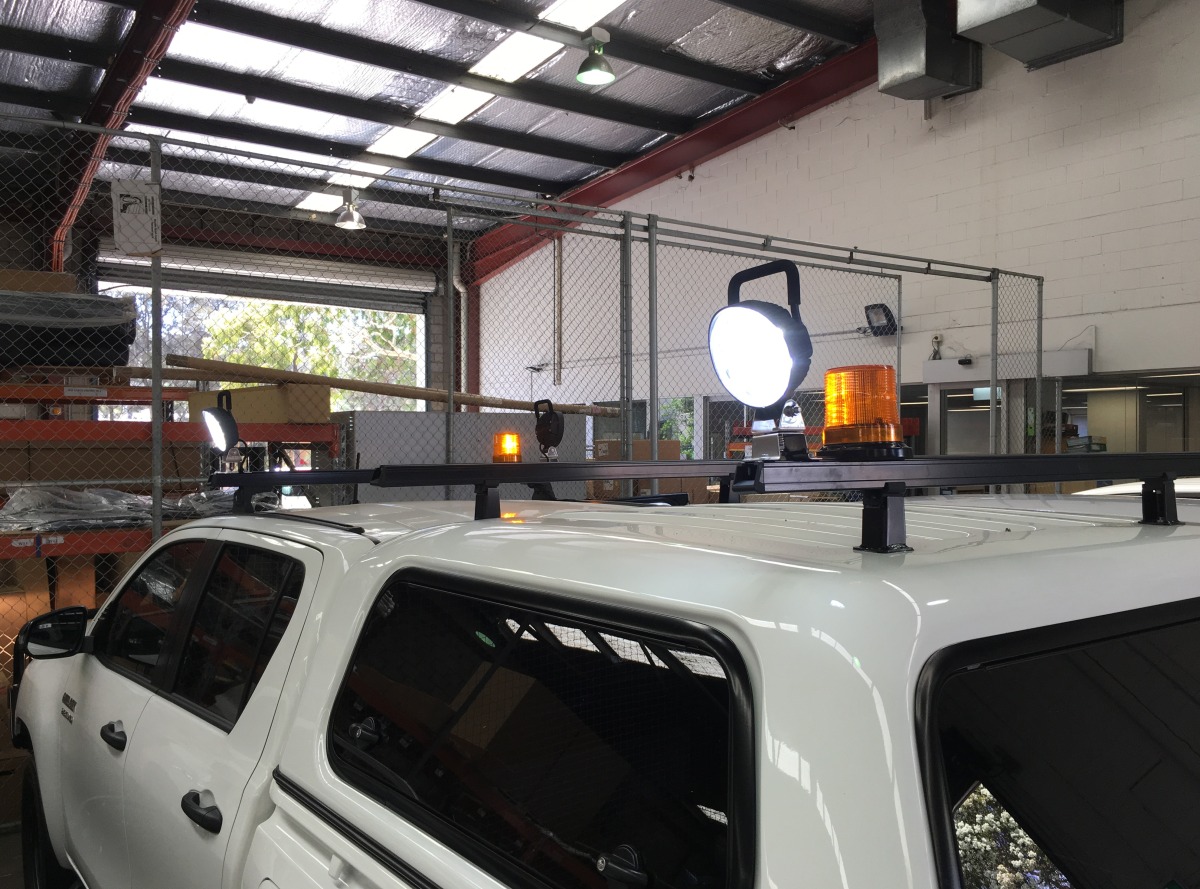 HiLux 2017 Revolution LED work lights with handle on Canopy Roof Racks Creative Installations