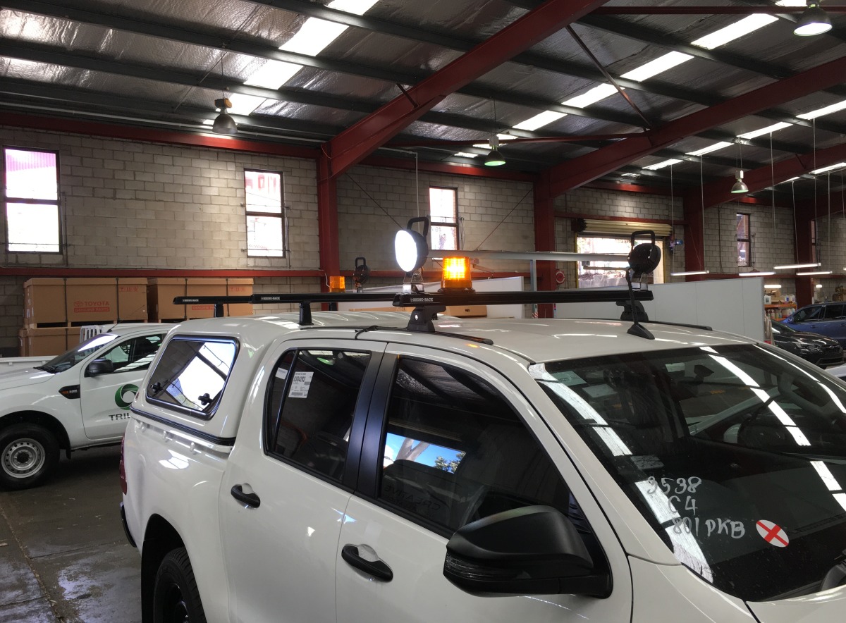 HiLux 2017 Revolution LED work lights with handle on Canopy Roof Racks Creative Installations